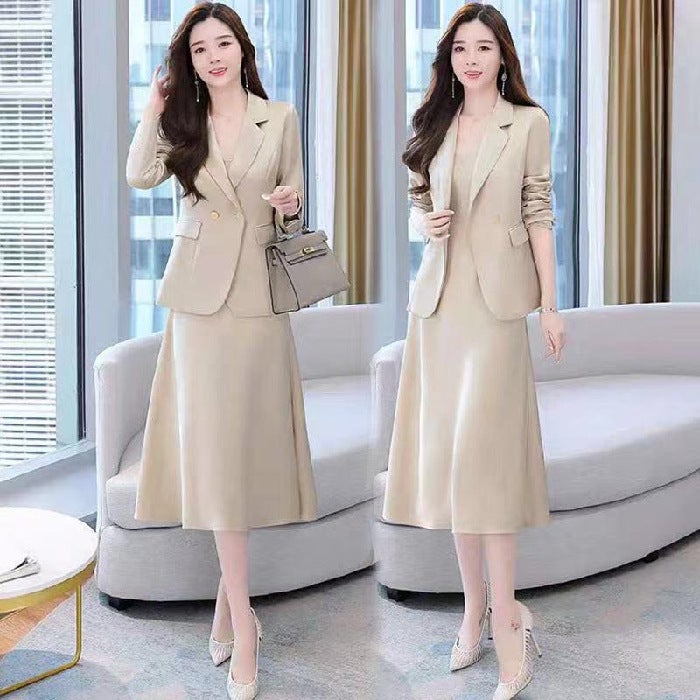 Temperament small suit skirt with suspenders two-piece suit spring and autumn 2022 new fashion Korean slim womens dress tide Champagne suit - Image 1