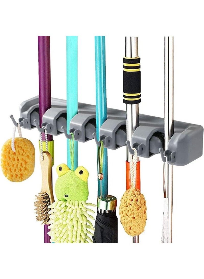 حامل تنظيم مكانس ومماسح يثبت على الحائط يستخدم لتنظيم ادوات البستنة والتخزين في الجراج وغرفة الغسيل مع خطافات، بلاستيك، رمادي - Image 1