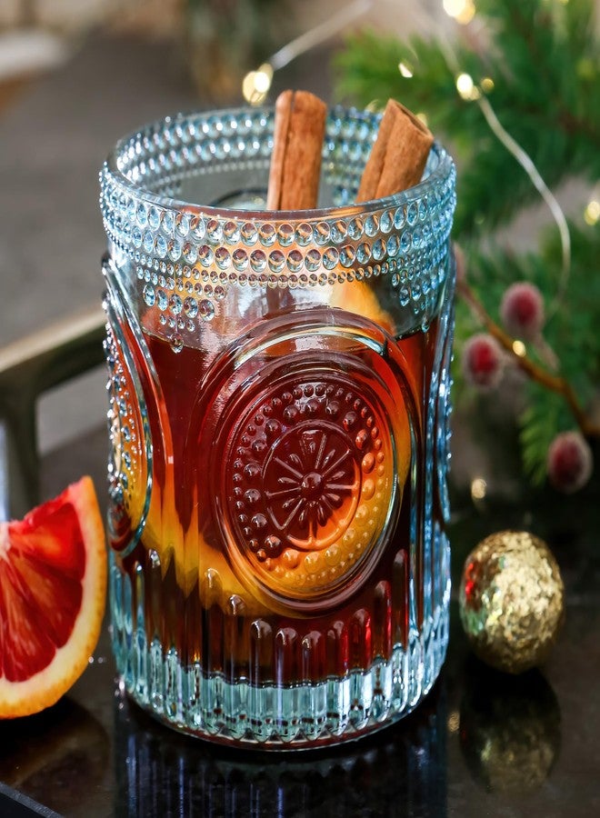 Kate Aspen Ribbed Retro Arch Floral Aqua Blue Drinking Glasses Set of 6, (10 oz) Vintage Glassware Set Cocktail Glass Set, Juice Glass, Water Cups | Great Hostess Gift & Gift for New Home Owners - Image 1