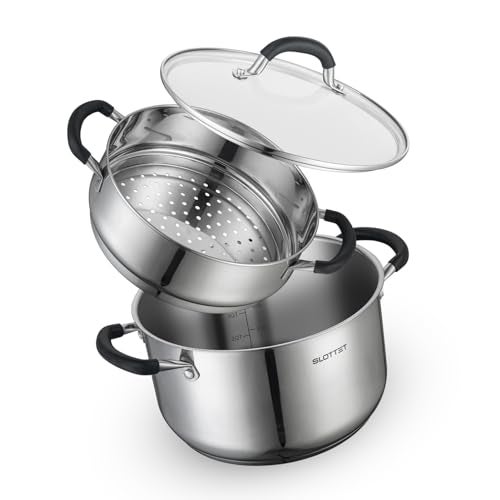SLOTTET 6 Quart Stainless Steel Stock Pot with Steamer,6 Qt Multipurpose Stockpot with Stay-cool silicone Handle and Glass Lid,Soup Pot for Cooking - Image 1