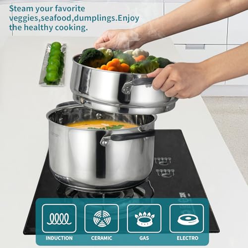 SLOTTET 6 Quart Stainless Steel Stock Pot with Steamer,6 Qt Multipurpose Stockpot with Stay-cool silicone Handle and Glass Lid,Soup Pot for Cooking - Image 4