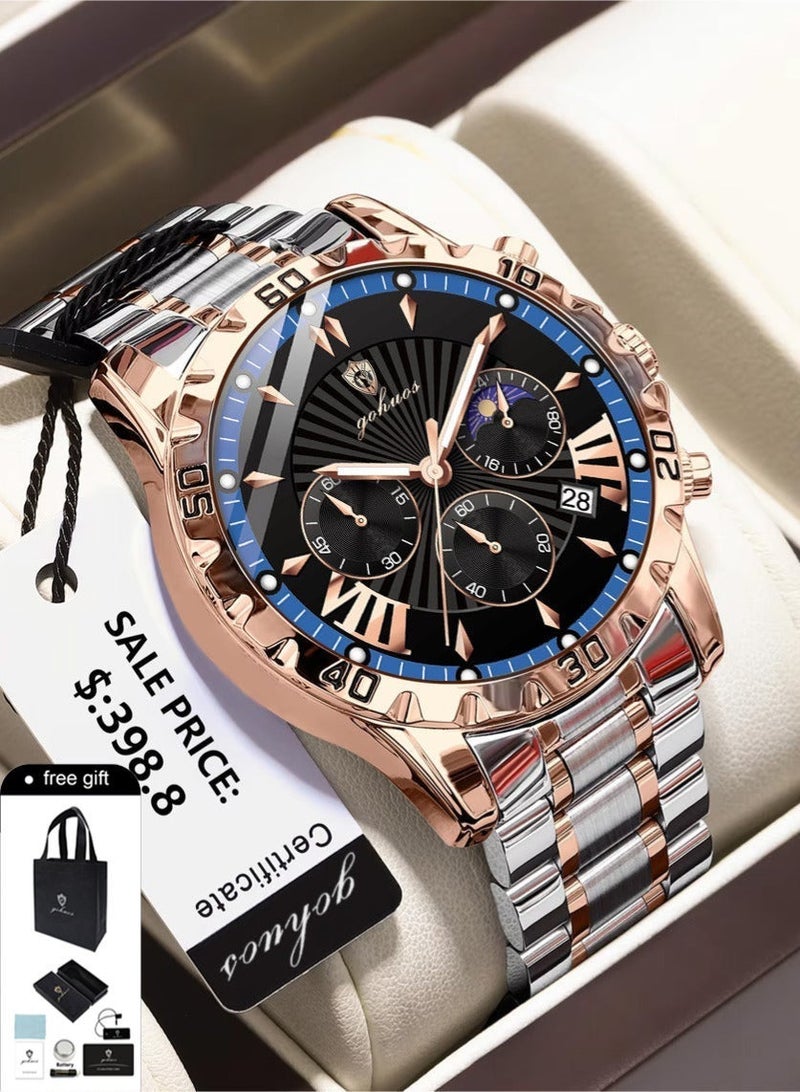 GOHUOS Men's Watch, Top Brand Luxury Stainless Steel Band Chronograph Luminous Date Week Waterproof Quartz Business Fashion Wrist Watch - 44mm - Father or Boyfriend Gift - Image 1