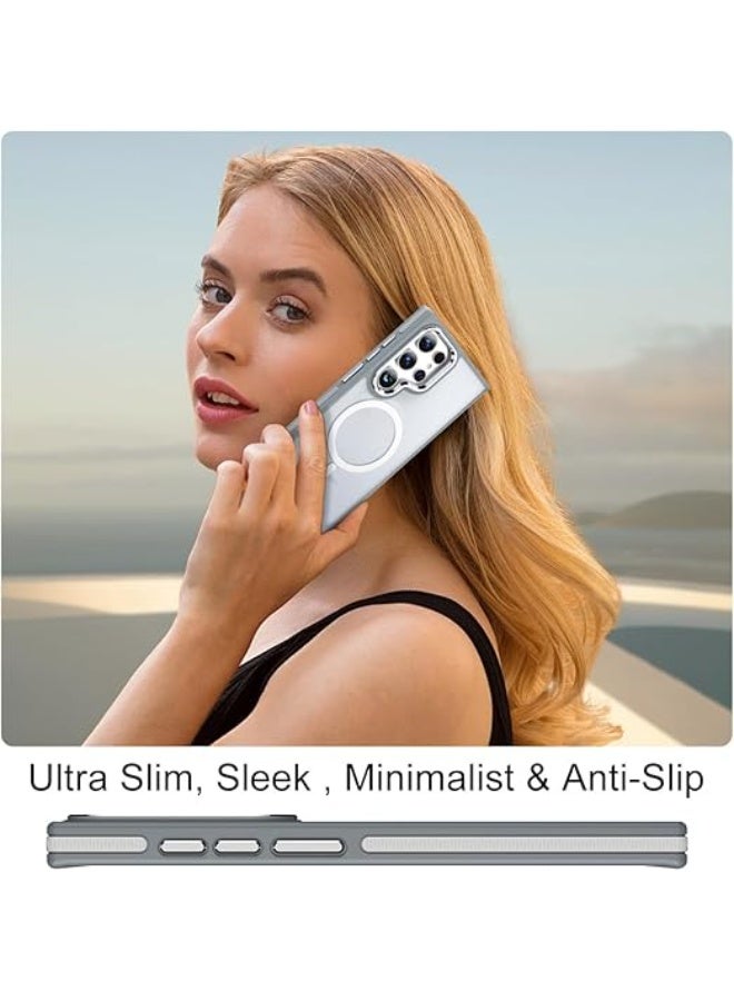 جراب لهاتف Samsung Galaxy S23 Ultra، جراب مغناطيسي مضاد للانزلاق مع حافة ناعمة من مادة TPU [يناسب Magsafe] [تم اختباره ضد السقوط] جراب خلفي شفاف غير لامع مقاوم للصدمات لهاتف Galaxy S23 Ultra 5G، رمادي/أبيض - Image 5