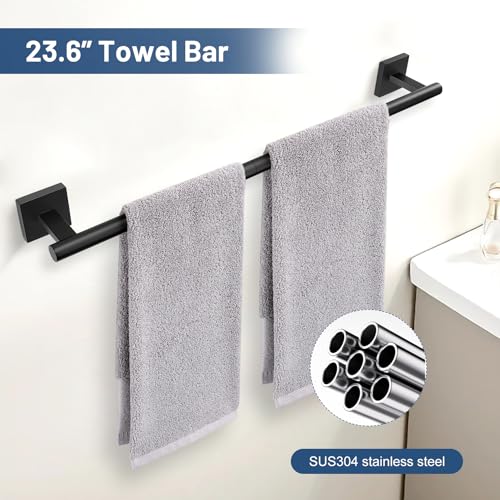 TURS 5Pieces Matte Black Bathroom Hardware Set 236 Inch SUS304 Stainless Steel Towel Bar Set Wall Mounted Square Toilet Paper Holder with Shelf - Image 3