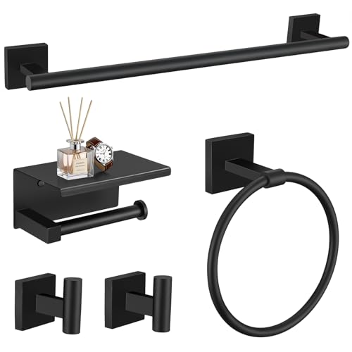 TURS 5Pieces Matte Black Bathroom Hardware Set 236 Inch SUS304 Stainless Steel Towel Bar Set Wall Mounted Square Toilet Paper Holder with Shelf - Image 1