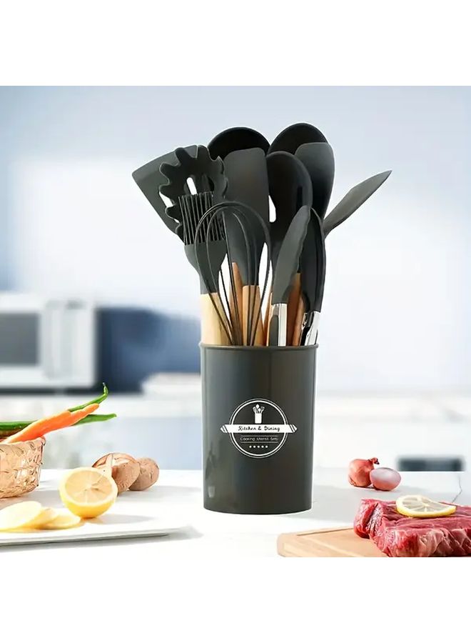 Silicone Kitchen Utensil Set 12 Pieces Heat Resistant Non Stick Cooking Tools For Home And Restaurant Use Black Perfect For Halloween Christmas Easter Thanksgiving - Image 1