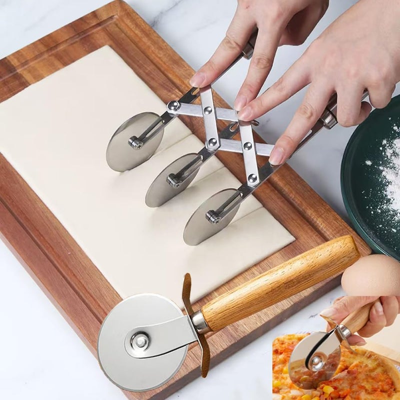 MTOMDY 3Wheel Pastry Knife Dough Cutter and Wooden Handle Pizza Knife WheelSpaghetti And Noodle Slicer Stainless Steel Pizza slicer multiple pasta roller cutter tools with handle