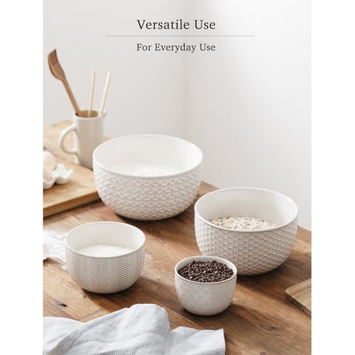 MIKIGEY Ceramic Mixing Bowls, Embossed Nesting Bowls Set of 4, Mixing Bowl Set for Serving, Baking, Cooking and Gift, Microwave and Dishwasher Safe, 20/47/99/148 oz, Off-White - Image 5