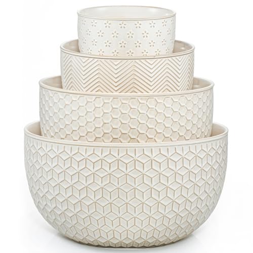 MIKIGEY Ceramic Mixing Bowls, Embossed Nesting Bowls Set of 4, Mixing Bowl Set for Serving, Baking, Cooking and Gift, Microwave and Dishwasher Safe, 20/47/99/148 oz, Off-White - Image 1