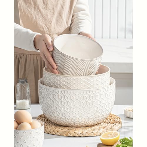 MIKIGEY Ceramic Mixing Bowls, Embossed Nesting Bowls Set of 4, Mixing Bowl Set for Serving, Baking, Cooking and Gift, Microwave and Dishwasher Safe, 20/47/99/148 oz, Off-White - Image 3