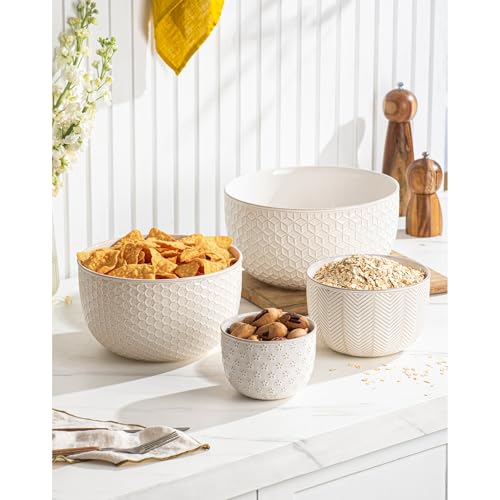 MIKIGEY Ceramic Mixing Bowls, Embossed Nesting Bowls Set of 4, Mixing Bowl Set for Serving, Baking, Cooking and Gift, Microwave and Dishwasher Safe, 20/47/99/148 oz, Off-White - Image 2