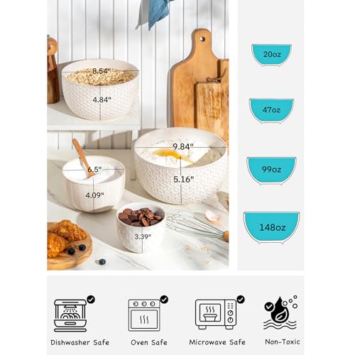MIKIGEY Ceramic Mixing Bowls, Embossed Nesting Bowls Set of 4, Mixing Bowl Set for Serving, Baking, Cooking and Gift, Microwave and Dishwasher Safe, 20/47/99/148 oz, Off-White - Image 4