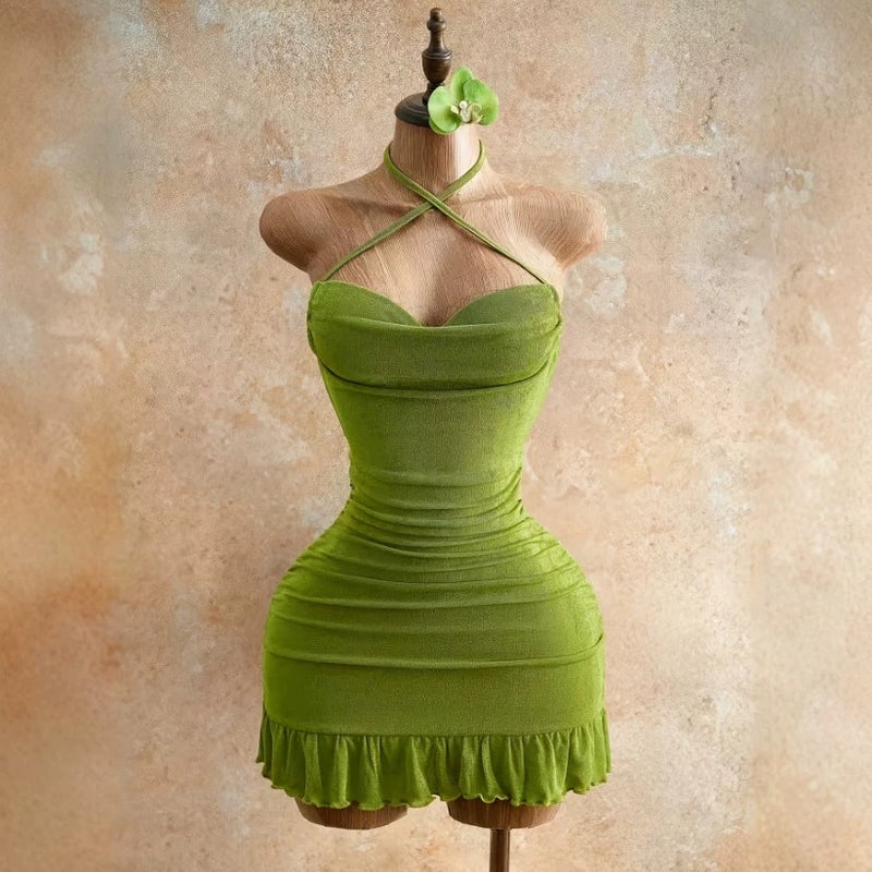 Women's Solid Halter Neck Ruffle Hem Mini Dress for Summer Vacation - Image 4