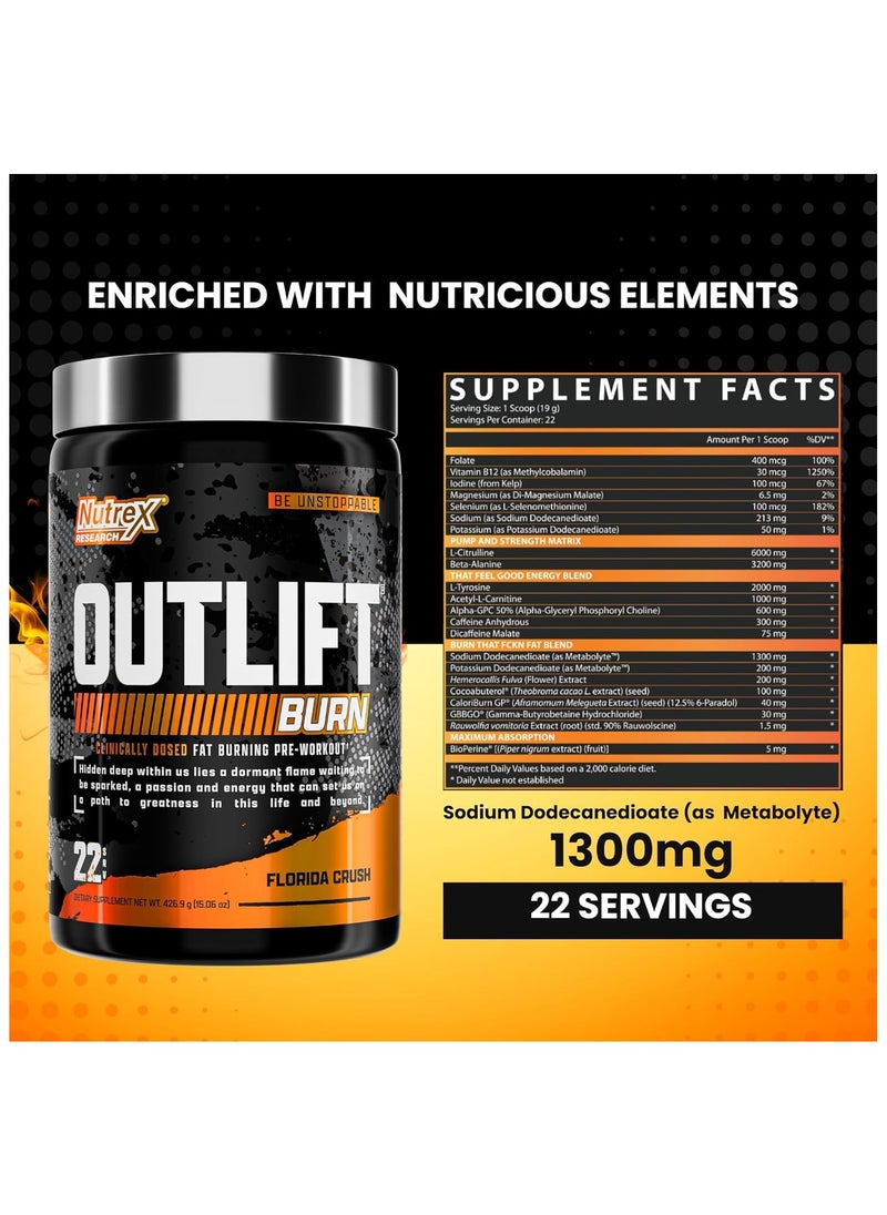 Nutrex Research OUTLIFT Burn Clinicaly Dosed Fat Burning Pre Workout Florida Crush Flavour 22 servings  426.9 g  - Image 2