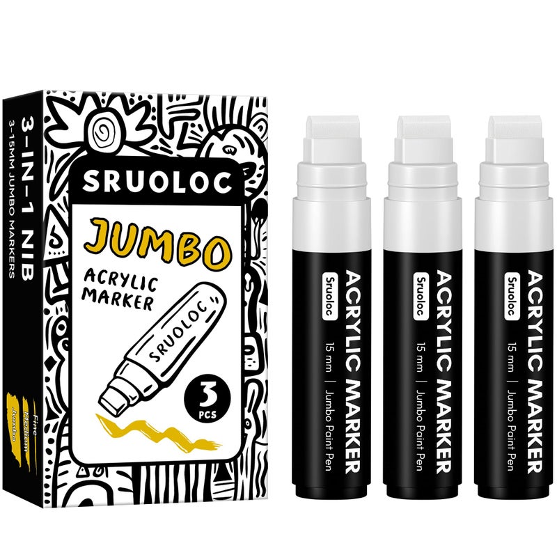 SRUOLOC 3 Jumbo Permanent Markers White 15mm Thick Wide Tip Large Acrylic Paint Markers for Rock Painting Poster Stone Ceramic Glass Wood Canvas