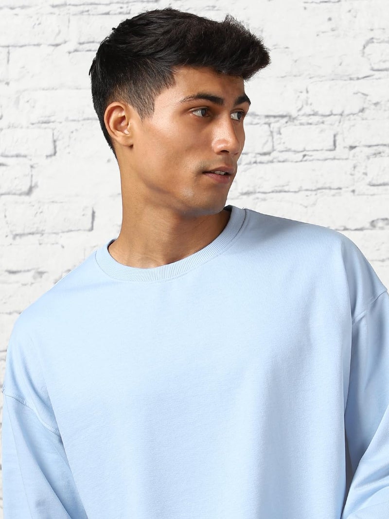 NOBERO Men's Cotton Blend Crew Neck Oversized Sweatshirt (1M-TWSS-R0005_Powder Blue, Large - Image 2