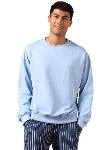 NOBERO Men's Cotton Blend Crew Neck Oversized Sweatshirt (1M-TWSS-R0005_Powder Blue, Large - Image 4