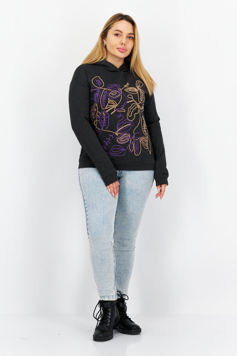 COMMA Women Hooded Long Sleeves Embroidered Sweatshirts, Black - Image 2