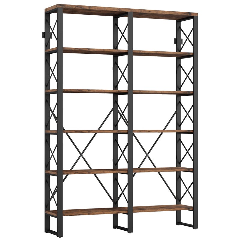 IRONCK Bookshelf Double Wide 6Tier 76 H Open Large Bookcase Industrial Style Shelves Wood and Metal Bookshelves for Home Office Easy Assembly