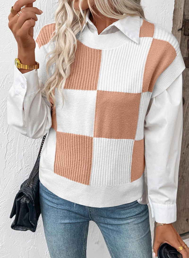 EVALESS Womens Sweater Vest Short Sleeve Crewneck Color Block Knit Sweaters 2026 Fall Trendy Tops Checkered Cap Sleeve Sweater Vests Casual Vacation Clothing Apricot Pink Large - Image 4