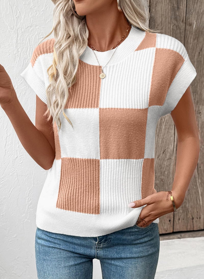 EVALESS Womens Sweater Vest Short Sleeve Crewneck Color Block Knit Sweaters 2026 Fall Trendy Tops Checkered Cap Sleeve Sweater Vests Casual Vacation Clothing Apricot Pink Large - Image 2