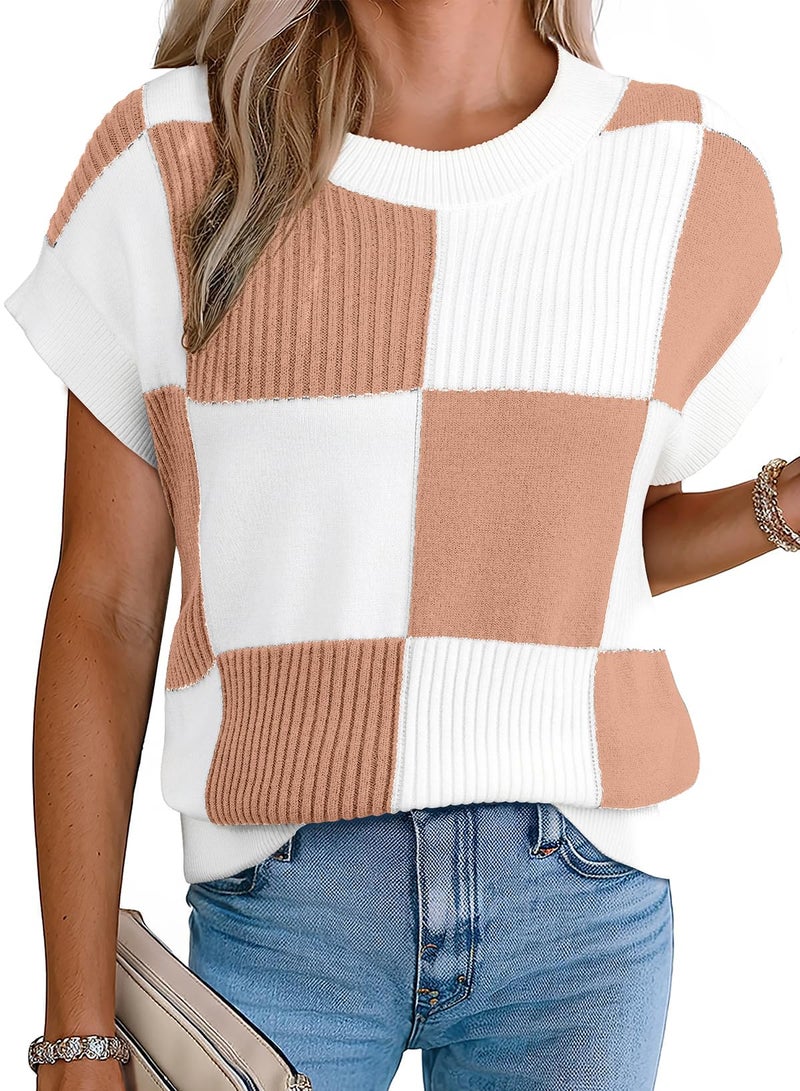 EVALESS Womens Sweater Vest Short Sleeve Crewneck Color Block Knit Sweaters 2026 Fall Trendy Tops Checkered Cap Sleeve Sweater Vests Casual Vacation Clothing Apricot Pink Large - Image 1