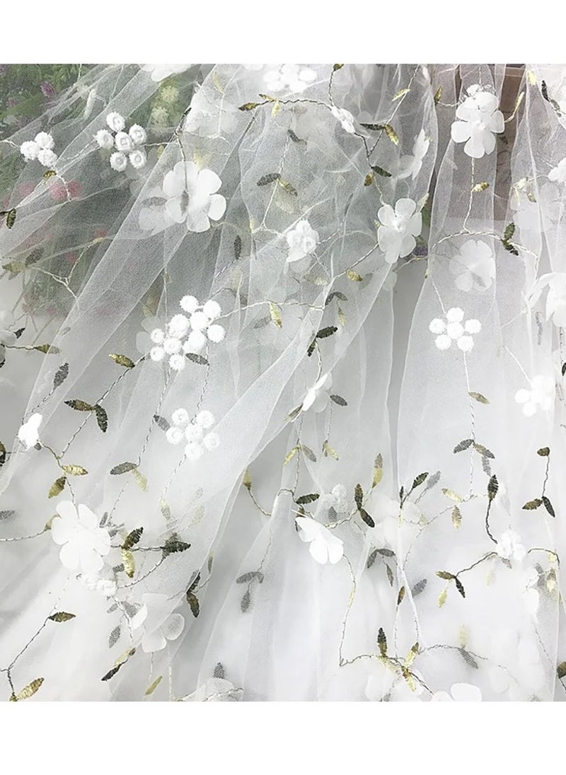 White Embroidered Floral Lace Fabric for Tulle Dresses 6ft x 47in DIY Cuttable Decorative Lace Tulle for Skirt Curtain Gown Wedding Dress Curtain Decor - Image 1