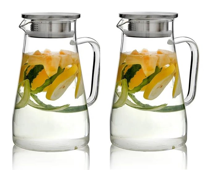 PACK OF 2 BOROSILICATE GLASS 1800ML18 LITRE WATER JUG WITH HANDLE JUICE BEVERAGE CARAFE WITH STAINLESS STEEL LID BIG GLASS ICED TEA PITCHER