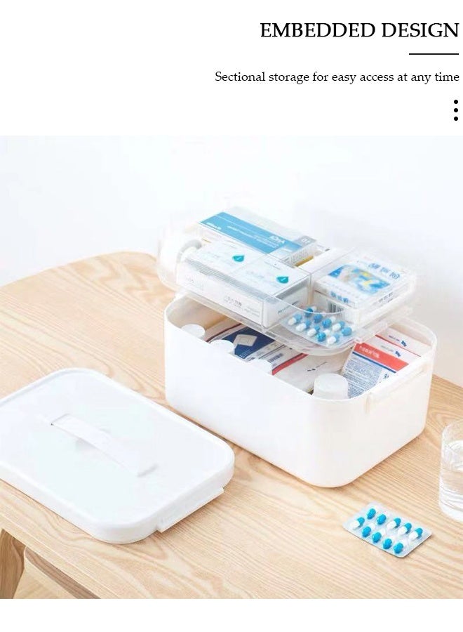 DUNISO صندوق الدواء صندوق تخزين الأدوية البلاستيكي طقم الطوارئ العائلي طقم طبي 2 طبقات صندوق الإسعافات الأولية المنزلي صندوق دواء مقاوم للطفل منظم علبة حبوب منع الحمل مع مقصورات ومقبض - Image 5