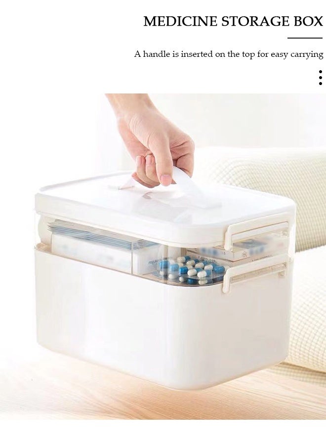 DUNISO صندوق الدواء صندوق تخزين الأدوية البلاستيكي طقم الطوارئ العائلي طقم طبي 2 طبقات صندوق الإسعافات الأولية المنزلي صندوق دواء مقاوم للطفل منظم علبة حبوب منع الحمل مع مقصورات ومقبض - Image 3