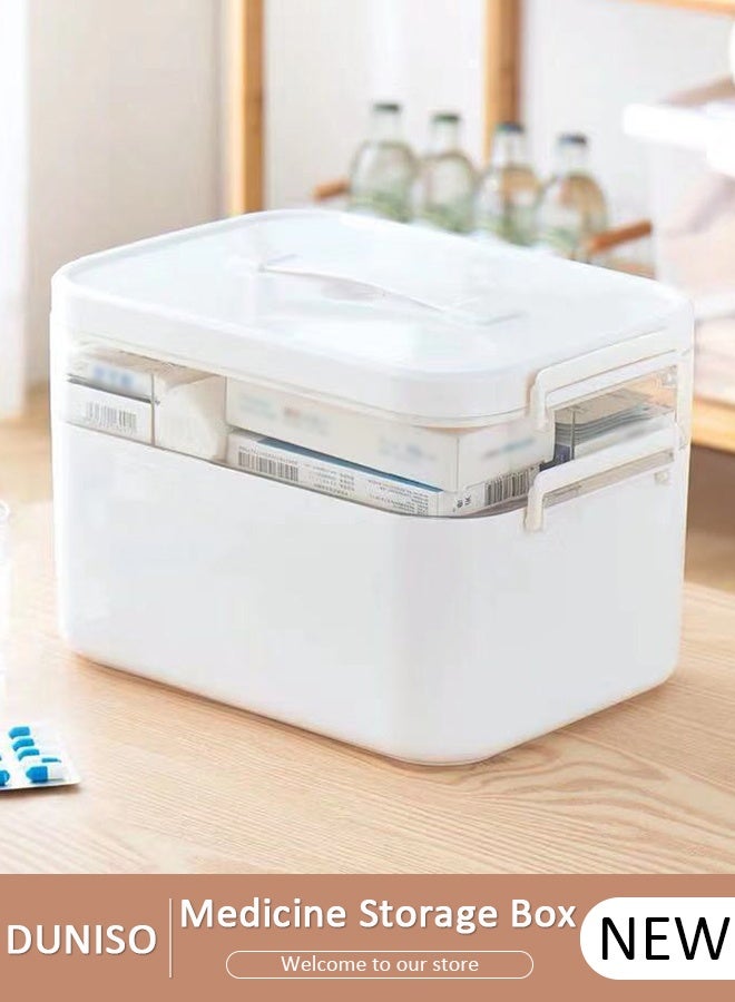 DUNISO صندوق الدواء صندوق تخزين الأدوية البلاستيكي طقم الطوارئ العائلي طقم طبي 2 طبقات صندوق الإسعافات الأولية المنزلي صندوق دواء مقاوم للطفل منظم علبة حبوب منع الحمل مع مقصورات ومقبض - Image 1