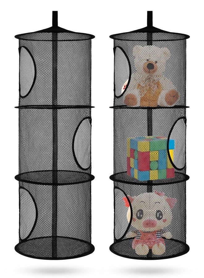 Libeder Mesh Hanging Storage Space Saver Bags Organizer,Foldable Storage Organizer 3 Compartments Toy Storage Basket for Kids Room Bathroom 2 Sets, Black - Image 1