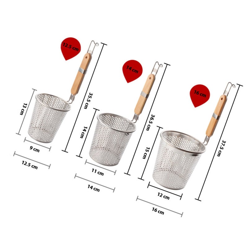 Stainless Steel Strainer Basket Wooden Handle Fine Mesh Spider Food Skimmer Kitchen Sieve for Pasta Dumpling Noodle (14cm) - Image 2