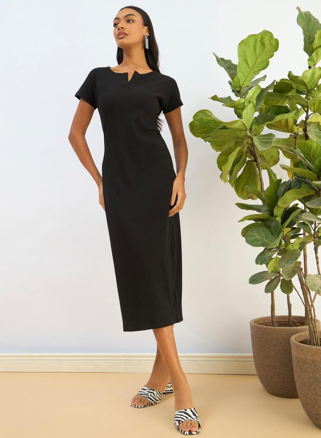 Sassafras Black Ribbed Bodycon Midi Dress - Image 2