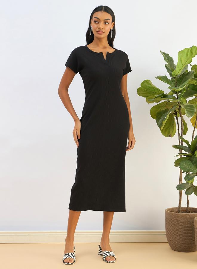 Sassafras Black Ribbed Bodycon Midi Dress - Image 1