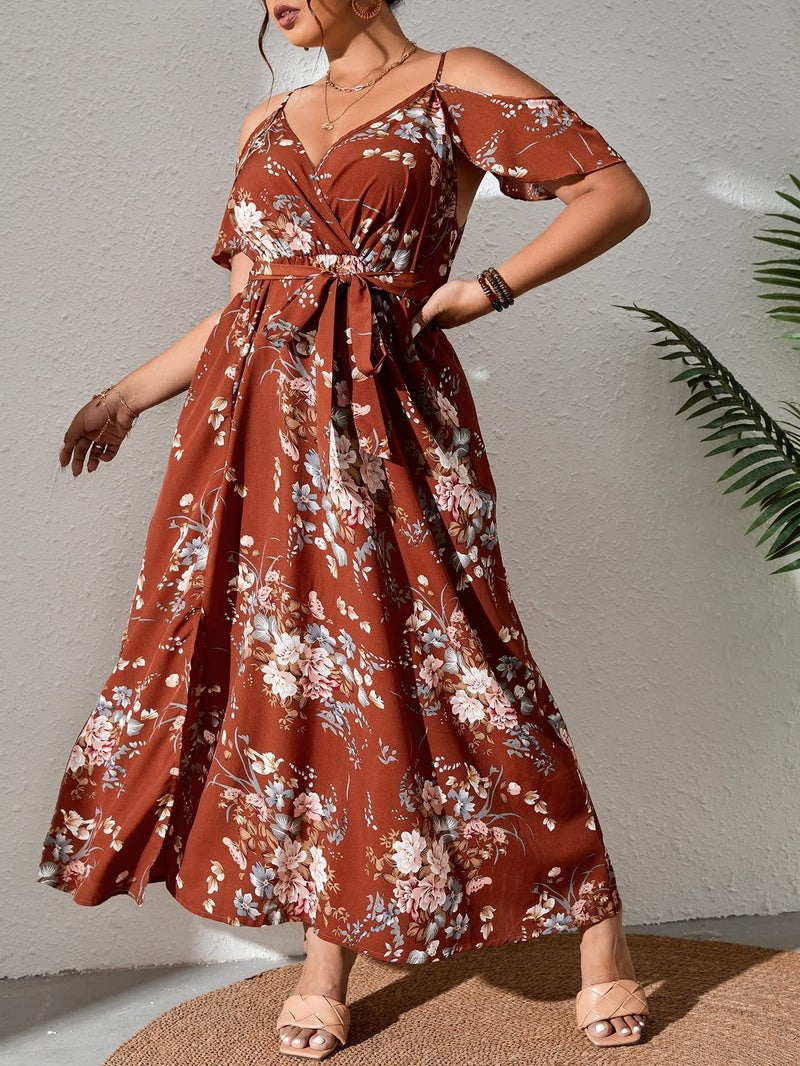 Floerns Women's Plus Size Cold Shoulder Short Sleeve Split Thigh Long Dress Rust Brown - Image 4