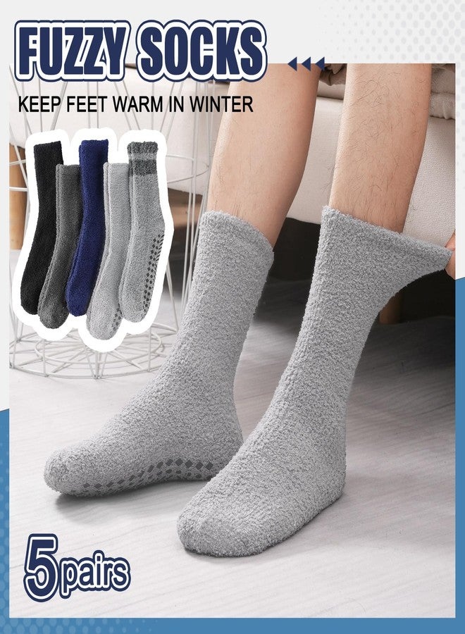 floconssy Fuzzy Socks Men with Grips, Cozy Fluffy Slipper Socks Non Slip Winter Warm Soft for Hospital Sleep Home Non Slip Thick Plush Footies 5 Pairs Grey Blue Black - Image 4