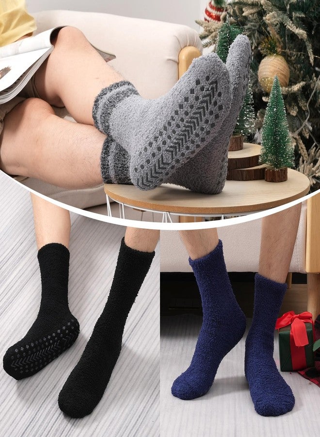 floconssy Fuzzy Socks Men with Grips, Cozy Fluffy Slipper Socks Non Slip Winter Warm Soft for Hospital Sleep Home Non Slip Thick Plush Footies 5 Pairs Grey Blue Black - Image 3