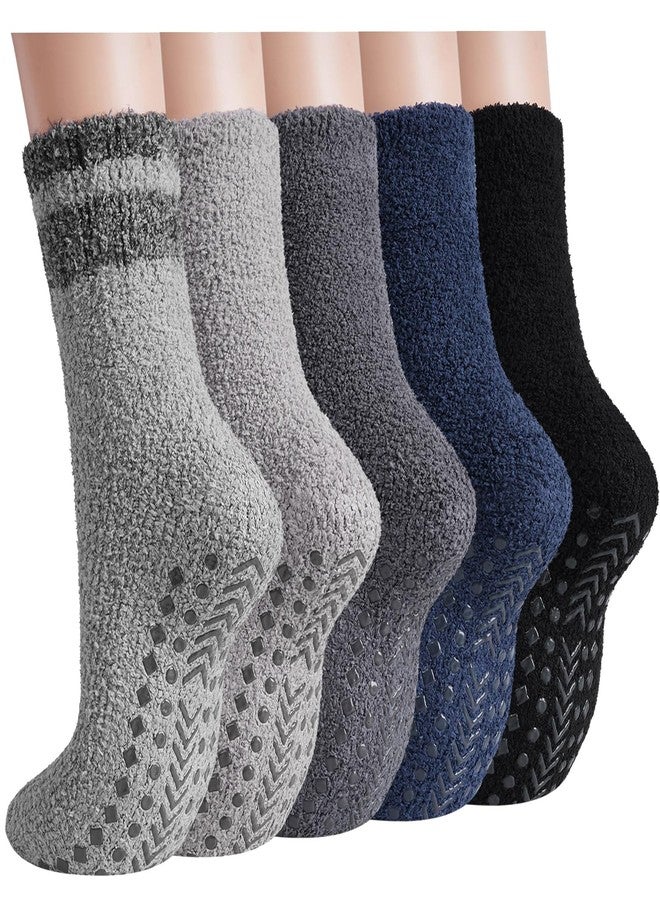 floconssy Fuzzy Socks Men with Grips, Cozy Fluffy Slipper Socks Non Slip Winter Warm Soft for Hospital Sleep Home Non Slip Thick Plush Footies 5 Pairs Grey Blue Black - Image 1