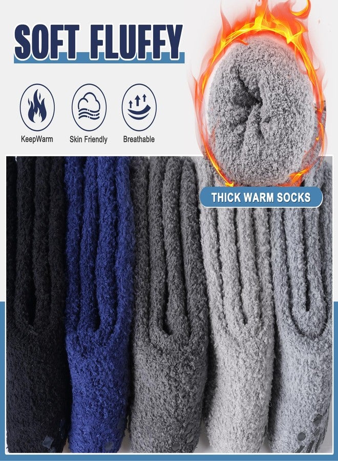 floconssy Fuzzy Socks Men with Grips, Cozy Fluffy Slipper Socks Non Slip Winter Warm Soft for Hospital Sleep Home Non Slip Thick Plush Footies 5 Pairs Grey Blue Black - Image 5