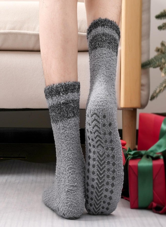 floconssy Fuzzy Socks Men with Grips, Cozy Fluffy Slipper Socks Non Slip Winter Warm Soft for Hospital Sleep Home Non Slip Thick Plush Footies 5 Pairs Grey Blue Black - Image 2