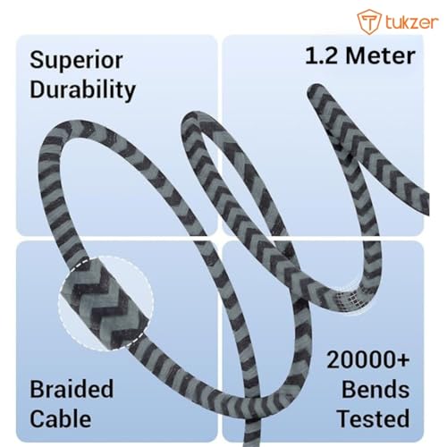 Tukzer 65Watt DASH/SuperVOOC/WARP Charging Cable, Type C to Type A USB for Smartphones, Tablets, Laptops, other Type C Devices| 480Mbps Data Sync, 5 Cores, Nylon Braiding (1.2M/ 3.9FT/ Black+Grey) - Image 4