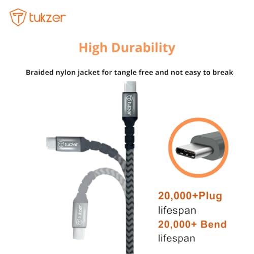 Tukzer 65Watt DASH/SuperVOOC/WARP Charging Cable, Type C to Type A USB for Smartphones, Tablets, Laptops, other Type C Devices| 480Mbps Data Sync, 5 Cores, Nylon Braiding (1.2M/ 3.9FT/ Black+Grey) - Image 3