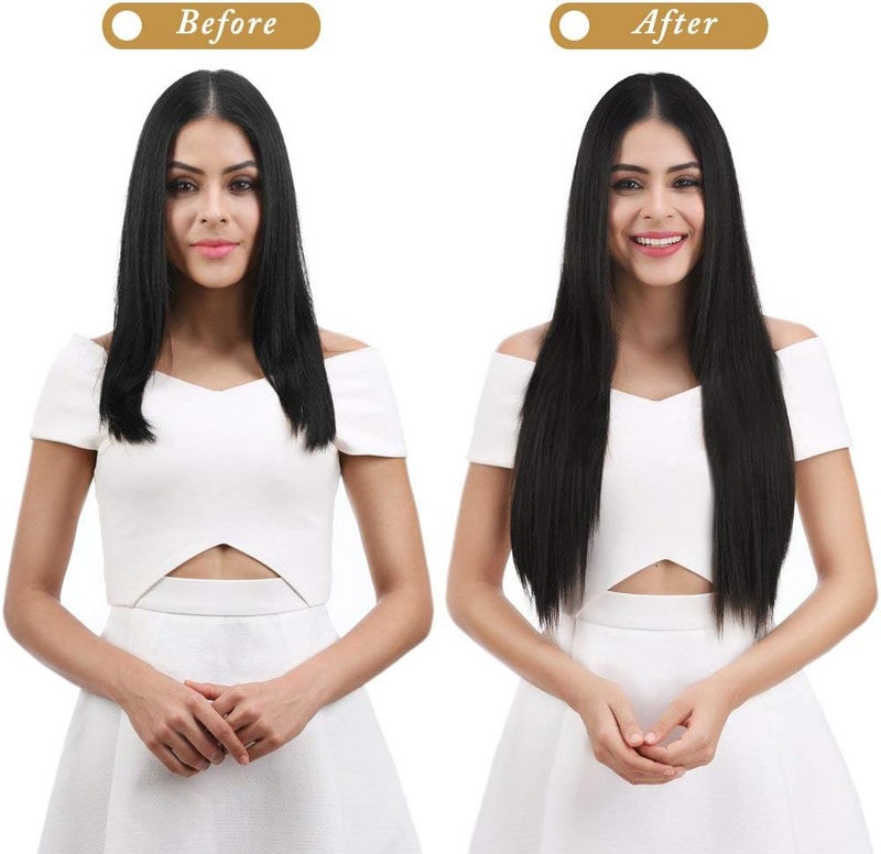 REECHO 24" Straight Clips in hair extensions Clips on Hairpieces Synthetic Hair Extensions for Women 5 Clips per Piece - Natural Black - Image 4
