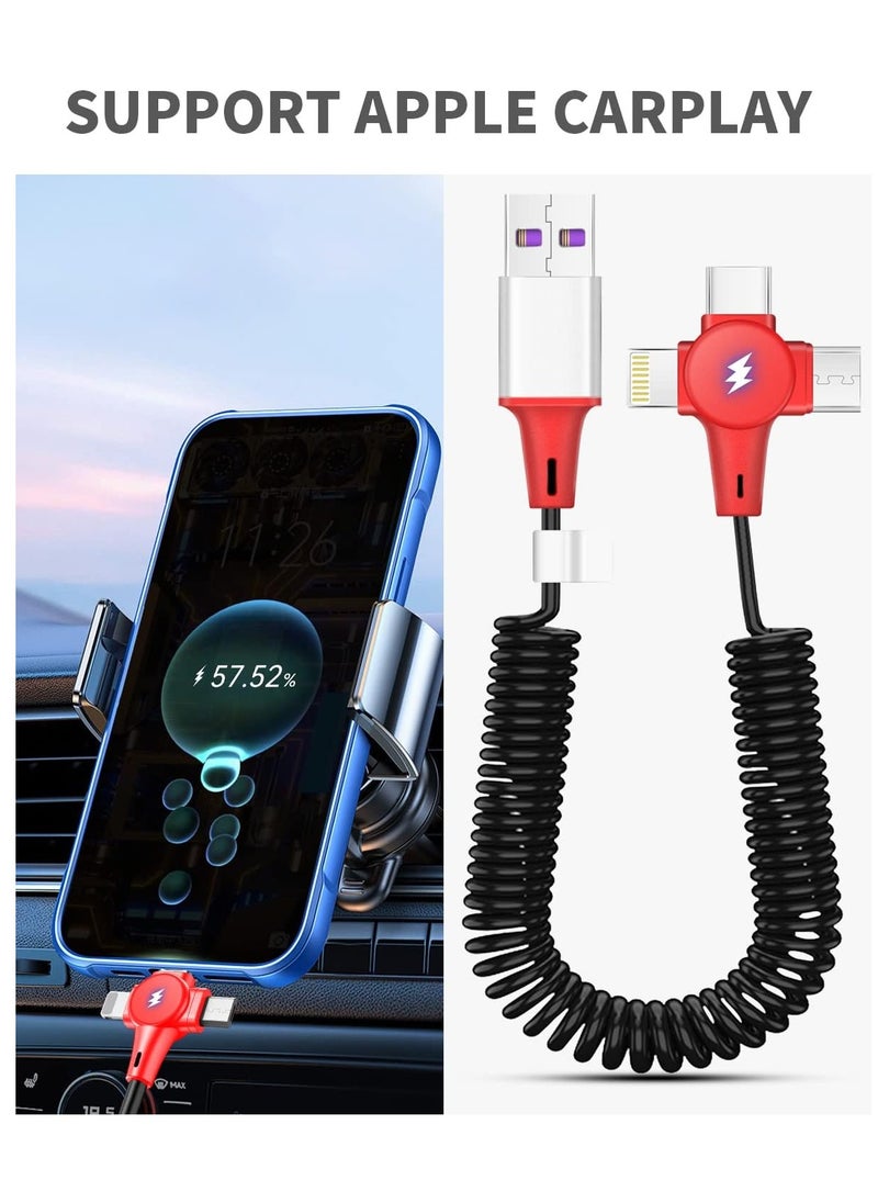 Multi Charging Cable for Apple CarPlay Expansion Spring Coiled Cable Three in One Multi Retractable Cable with Micro USB IP Type C Connectors for Android A-pple Samsung