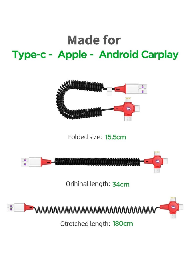 Multi Charging Cable for Apple CarPlay Expansion Spring Coiled Cable Three in One Multi Retractable Cable with Micro USB IP Type C Connectors for Android A-pple Samsung