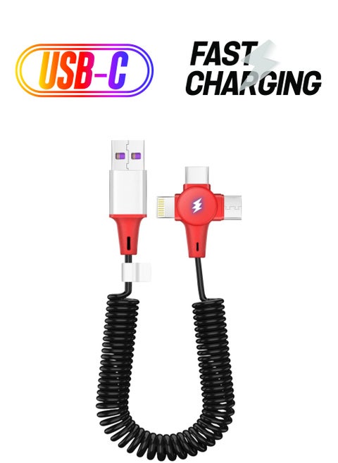 Multi Charging Cable for Apple CarPlay Expansion Spring Coiled Cable Three in One Multi Retractable Cable with Micro USB IP Type C Connectors for Android A-pple Samsung