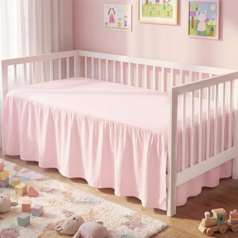 Pink Linen Shirred Crib Skirts for Girls Dust Ruffle Bed Skirts, Fits 28''x 52'' with 14" Drop Crib Bedding Skirt for Girls Boys Nursery Toddler - Image 1