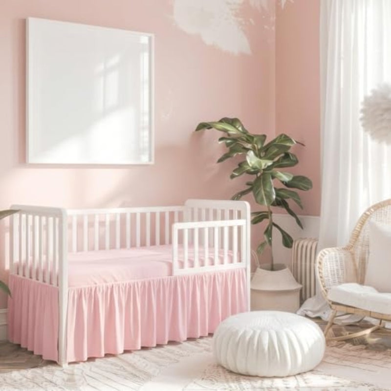 Pink Linen Shirred Crib Skirts for Girls Dust Ruffle Bed Skirts, Fits 28''x 52'' with 14" Drop Crib Bedding Skirt for Girls Boys Nursery Toddler - Image 3