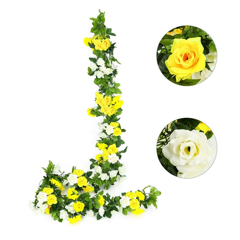 JUSTOYOU 2pcs 76FT Double Color Artificial Fake Rose Garland Vines Hanging Silk Flowers Artificial Flower for Outdoor Indoor Wedding Wall Badroom DecorationYellow 13 Heads